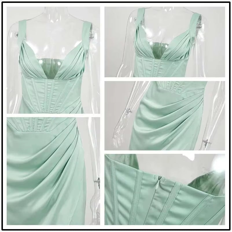 Stretch Satin Elegant Dress Women High Split Deep V Neck Sexy Party Dress 2021 Summer Dresses with Fishbone Vestidos