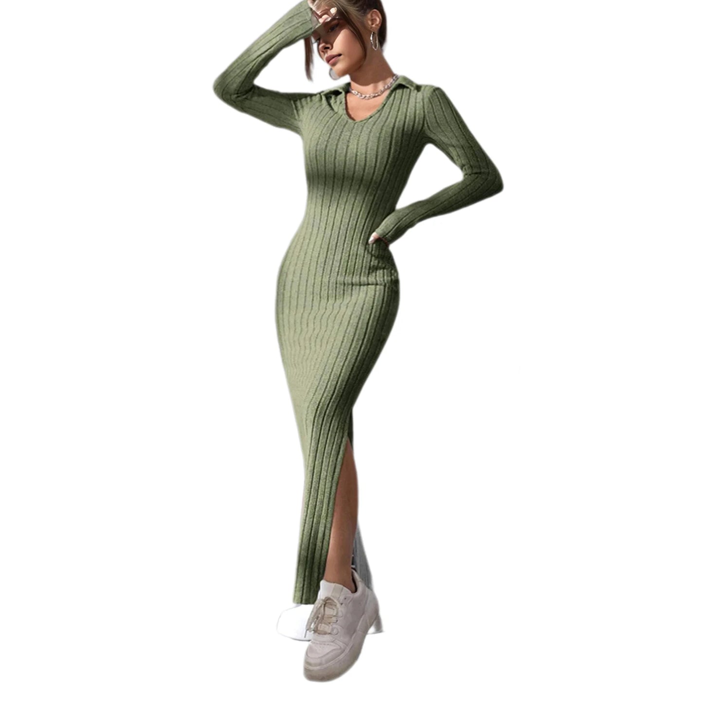Spring Autumn Sexy Knitted Long Dress Women Long Sleeve V Neck Bodycon Maxi Dress Slit Hem Thread Slim Evening Party Dress