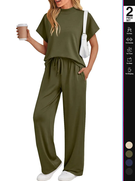 Women'S Solid Color Top & Pants Loungewear Two-Piece Set, Casual Comfy Short Sleeve Tee & Trousers Pajama Set, Ladies Sleepwear for Summer