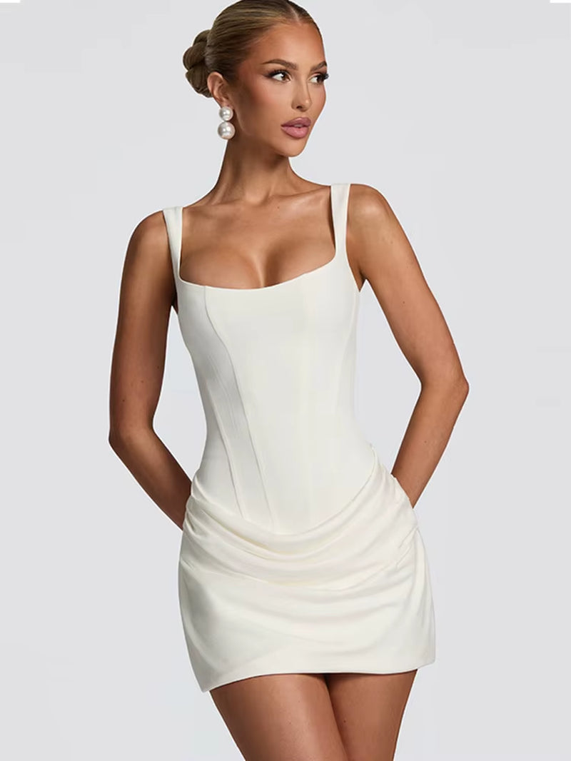 Women Sexy Square-Neck Halter Mini Dress Chic Pleated Sleeveless Backless High Waist Bodycon Dresses New Summer Lady Party Robes