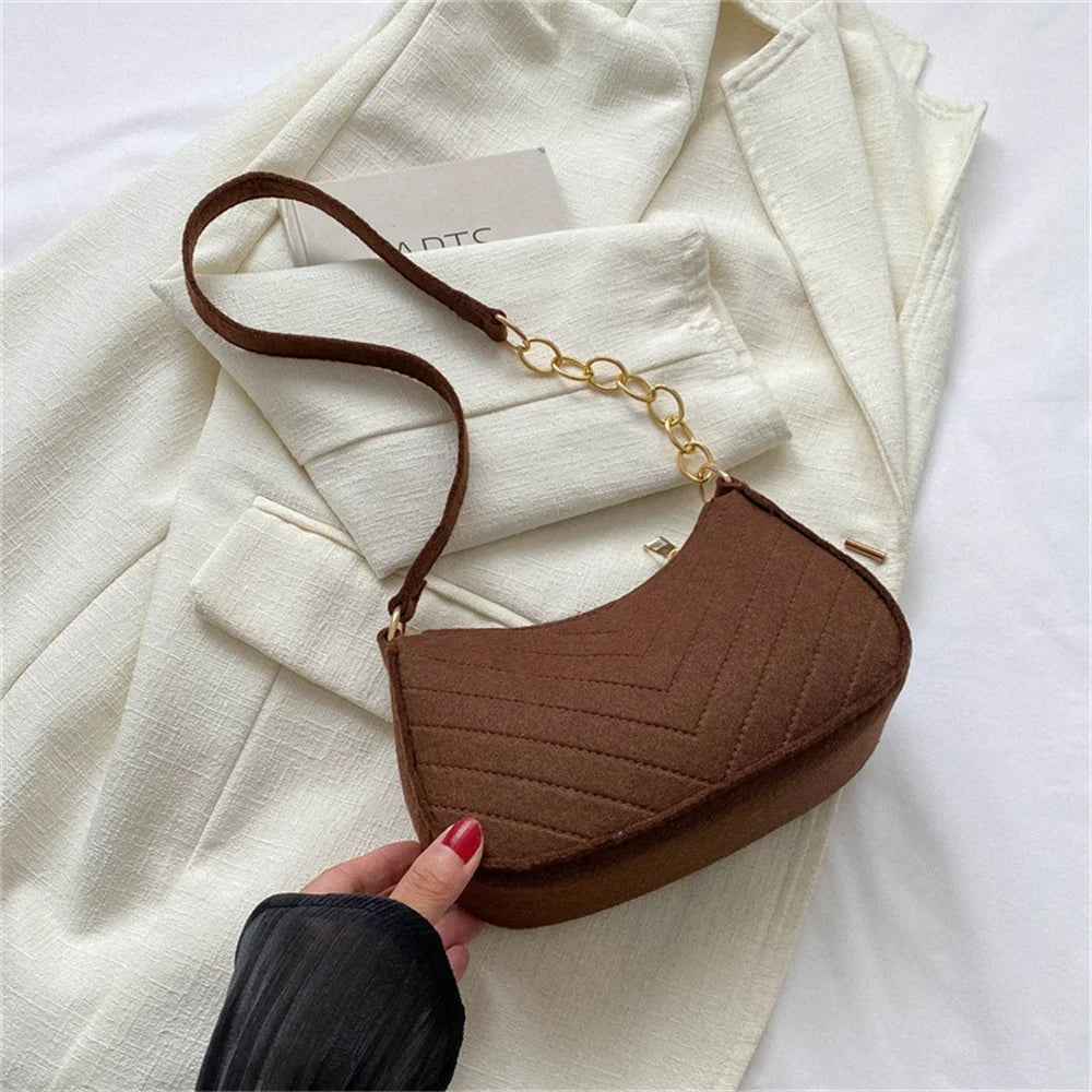 Felt Mini Shoulder Bag Women Fashion Solid Color Casual Handbags with Chain Shoulder Pouch Simple Light Weigh Underarm Bag