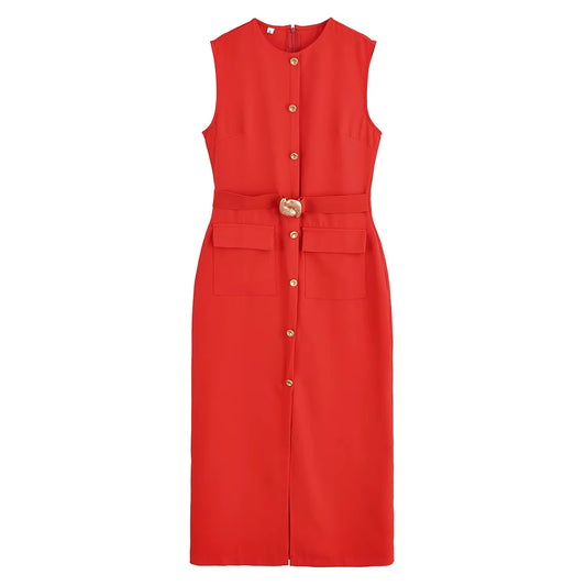 2025 Womens Dresses Black Office Long Dresses for Women Spring Sleeveless Midi Dress Woman Belt Button Women'S Dress Vest
