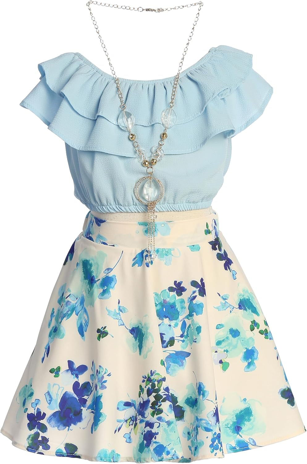 Cold Shoulder Crop Top Ruffle Layered Top Flower Girl Skirt Sets for Girl