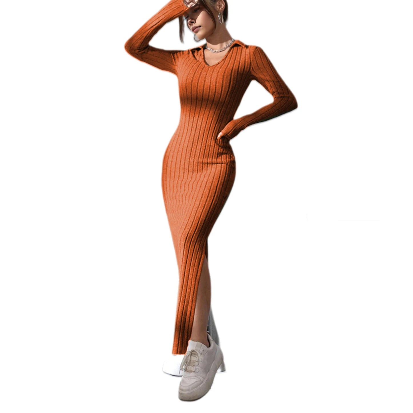 Spring Autumn Sexy Knitted Long Dress Women Long Sleeve V Neck Bodycon Maxi Dress Slit Hem Thread Slim Evening Party Dress