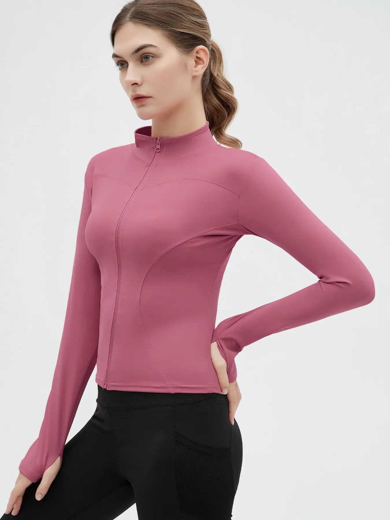 Women'S Thumb Holes Zip up Sports Jacket, Sporty Plain Long Sleeve Tops, Women'S Sportswear for Tennis Pickleball Indoor Outdoor Wear, Sports Outerwear, Zip Front Jacket