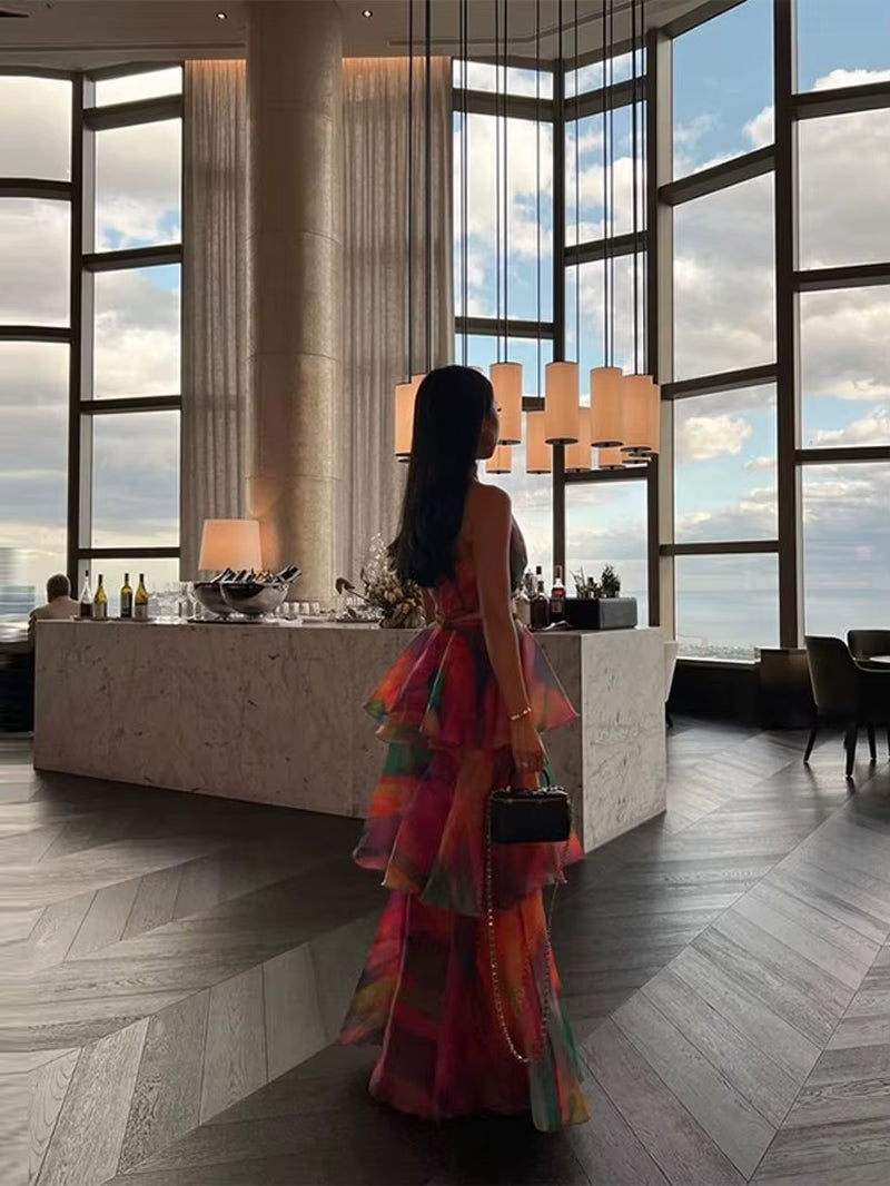 Printed Stacked Ruffle Hem Women Dress Sleeveless Halter High Waist Long Dresses 2025 Spring Summer Fashion Lady Party Robe