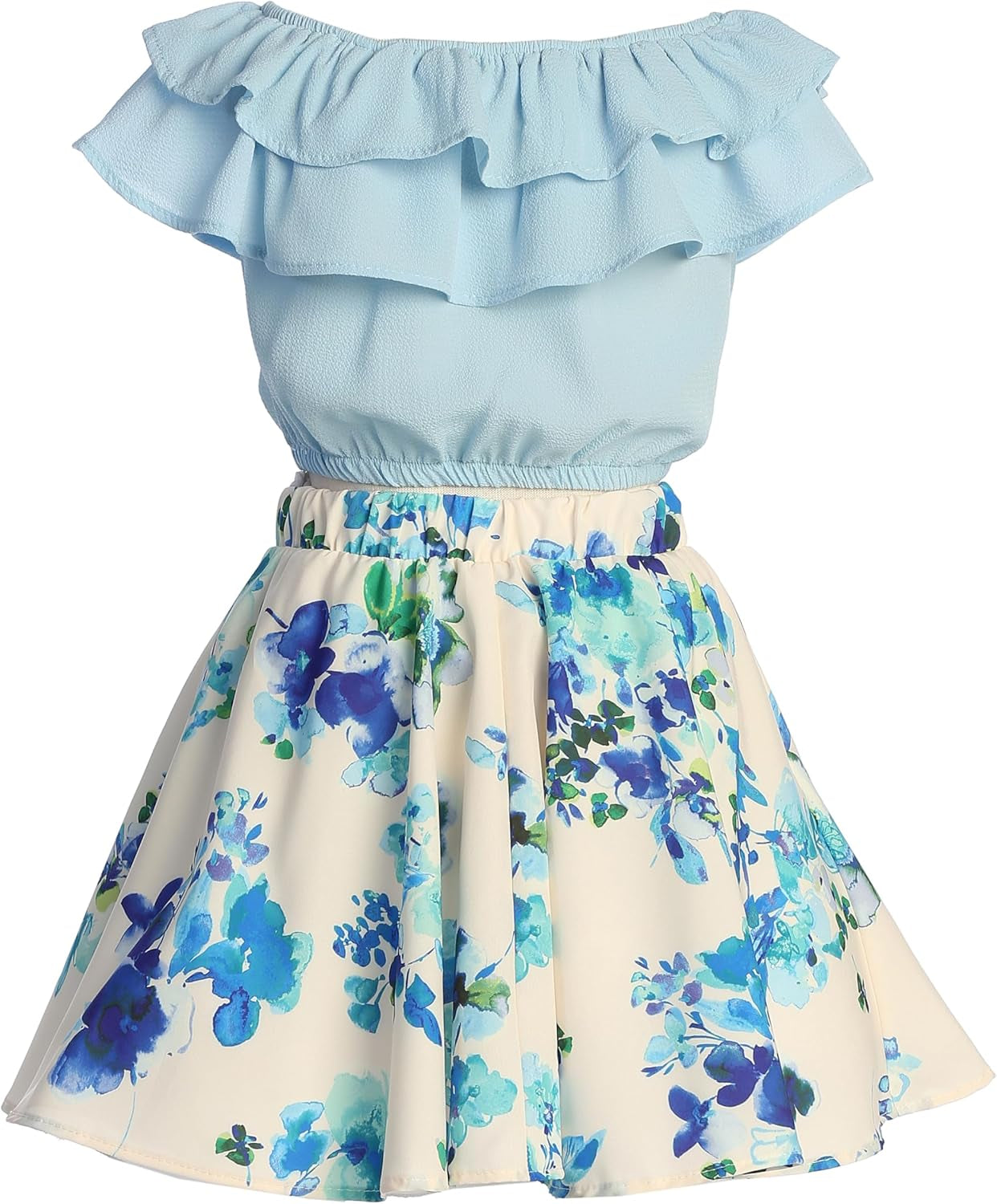 Cold Shoulder Crop Top Ruffle Layered Top Flower Girl Skirt Sets for Girl