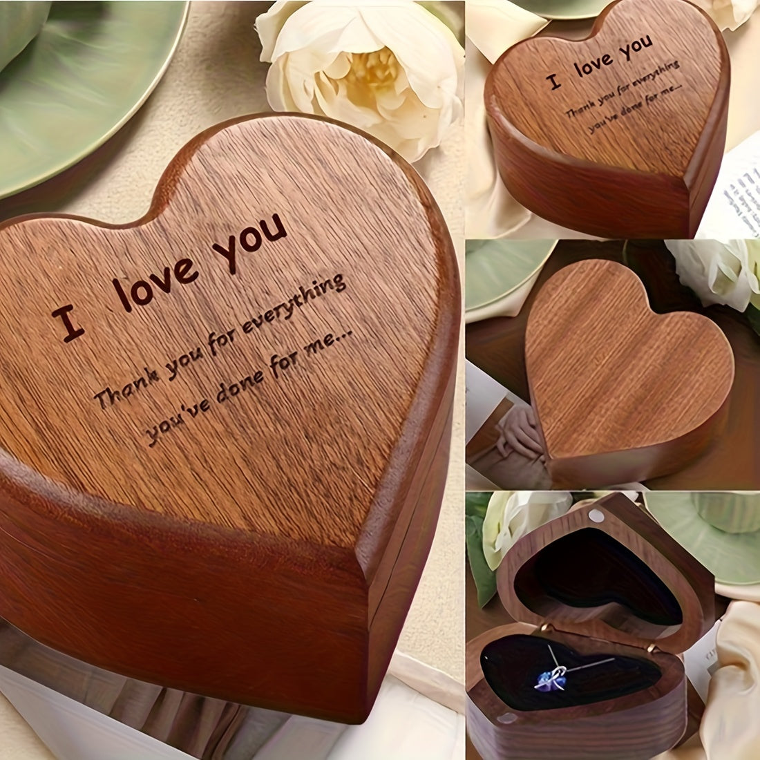 NNETM Heart-Shaped Bamboo Gift Box with Pendant Necklace