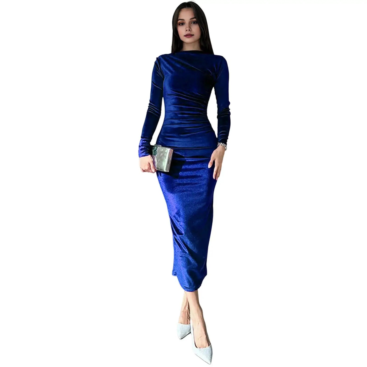Spring Autumn Sexy Knitted Long Dress Women Long Sleeve V Neck Bodycon Maxi Dress Slit Hem Thread Slim Evening Party Dress