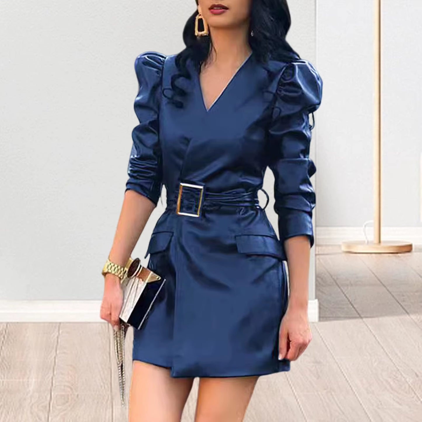 Fashion Dresses Women Lace Long Sleeve Zipper Pocket Large Hem Faux Leather Mini Dress Party Elegant Slim Sexy Women Dress