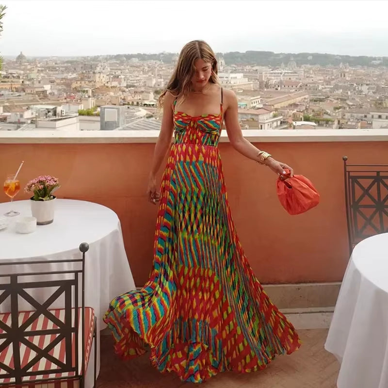 Printed Stacked Ruffle Hem Women Dress Sleeveless Halter High Waist Long Dresses 2025 Spring Summer Fashion Lady Party Robe