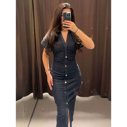 New Long Dresses 2025 Woman Fashion Summer Single Breasted Slim Fit Denim Skirts Women'S Clothing Top