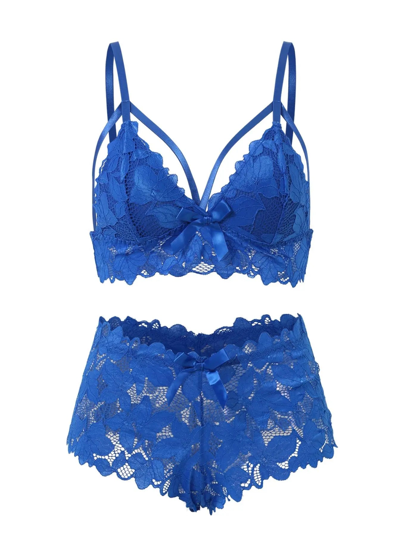 【Plus Size】 Women'S Bow Decor Lace Bra & Scallop Trim Brief Boxer Set, Adjustable Strap Push up Lingerie & Sheer Panty, Soft Comfy Breathable Underwear Set for Women