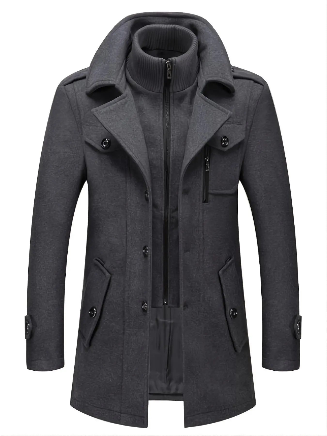 Men'S Double-Collar Blended-Fabric Long Coat with Zipper and Pockets, Warm and Durable Clothing, Suitable for Business or Casual Wear in Autumn & Winter