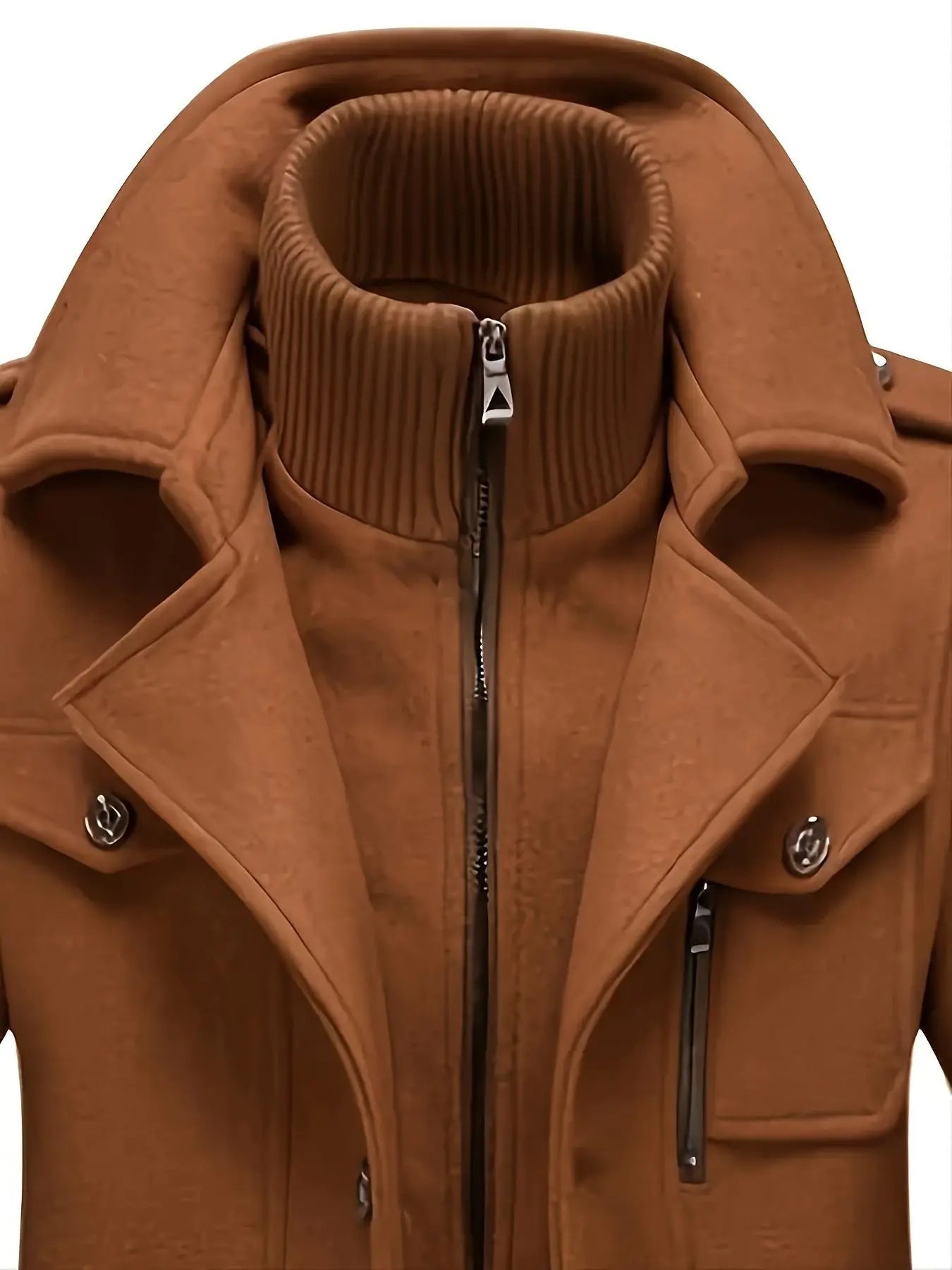 Men'S Double-Collar Blended-Fabric Long Coat with Zipper and Pockets, Warm and Durable Clothing, Suitable for Business or Casual Wear in Autumn & Winter