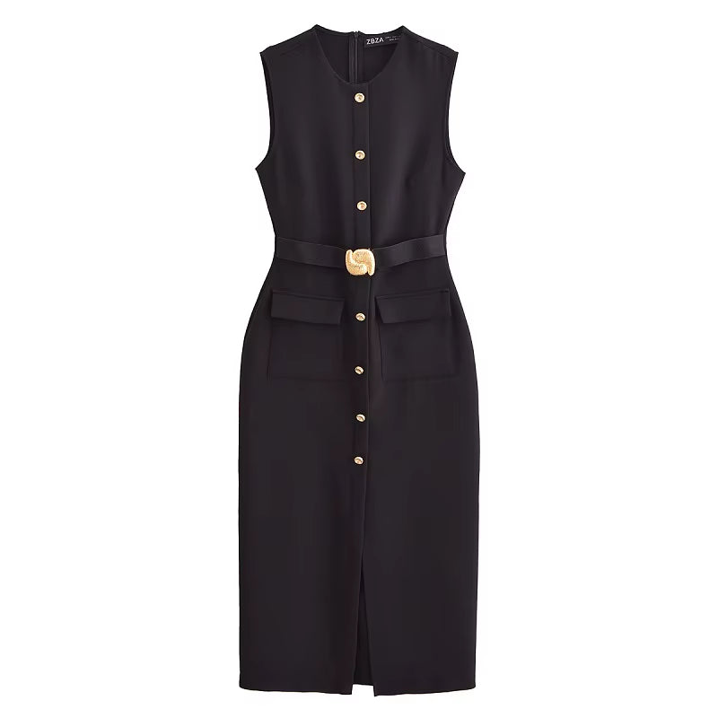 2025 Womens Dresses Black Office Long Dresses for Women Spring Sleeveless Midi Dress Woman Belt Button Women'S Dress Vest