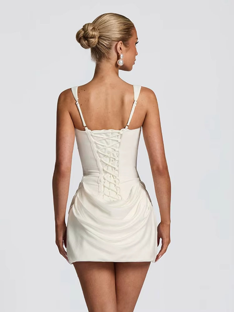 Women Sexy Square-Neck Halter Mini Dress Chic Pleated Sleeveless Backless High Waist Bodycon Dresses New Summer Lady Party Robes