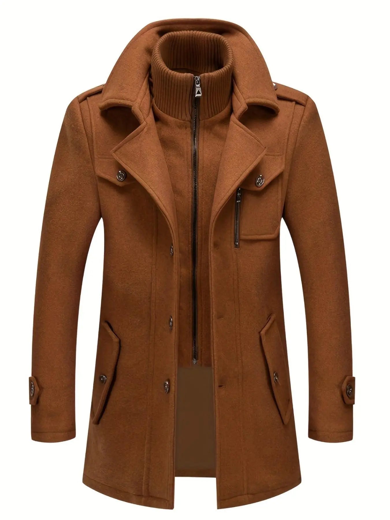 Men'S Double-Collar Blended-Fabric Long Coat with Zipper and Pockets, Warm and Durable Clothing, Suitable for Business or Casual Wear in Autumn & Winter