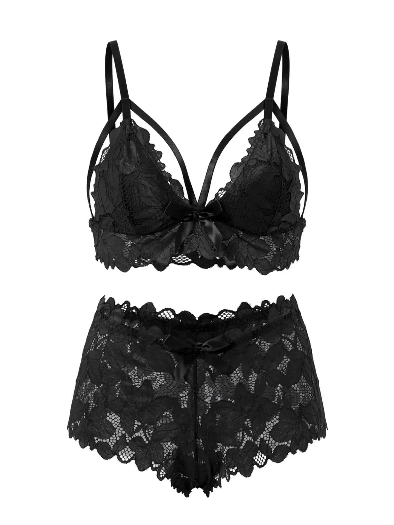 【Plus Size】 Women'S Bow Decor Lace Bra & Scallop Trim Brief Boxer Set, Adjustable Strap Push up Lingerie & Sheer Panty, Soft Comfy Breathable Underwear Set for Women