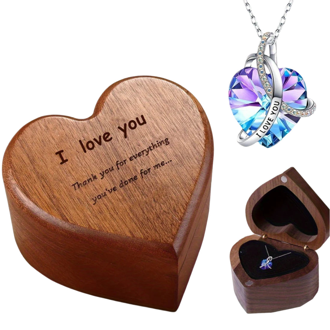 NNETM Heart-Shaped Bamboo Gift Box with Pendant Necklace