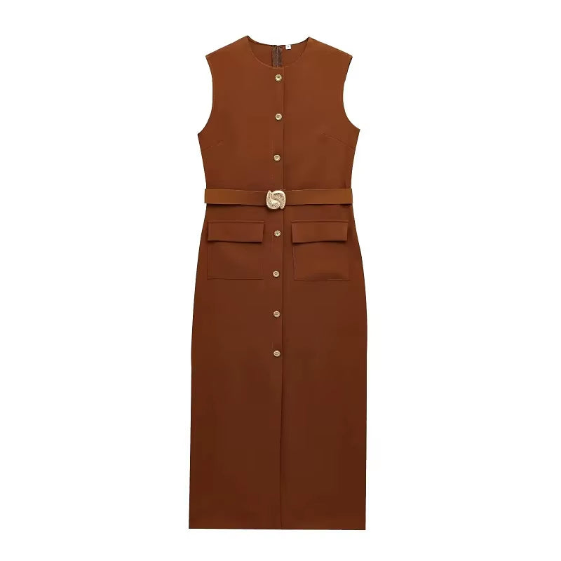 2025 Womens Dresses Black Office Long Dresses for Women Spring Sleeveless Midi Dress Woman Belt Button Women'S Dress Vest