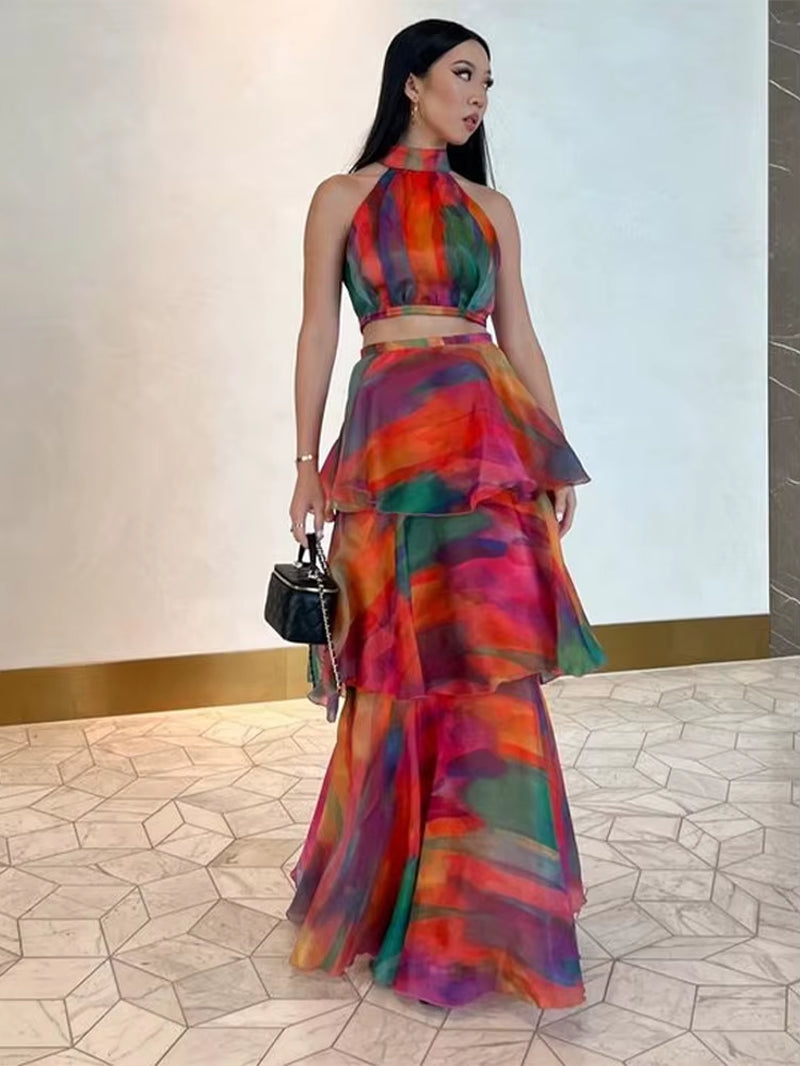 Printed Stacked Ruffle Hem Women Dress Sleeveless Halter High Waist Long Dresses 2025 Spring Summer Fashion Lady Party Robe