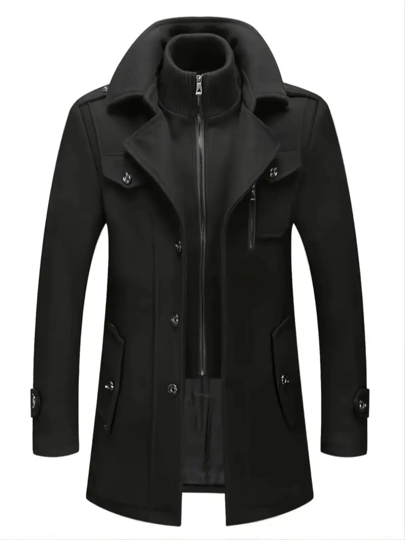 Men'S Double-Collar Blended-Fabric Long Coat with Zipper and Pockets, Warm and Durable Clothing, Suitable for Business or Casual Wear in Autumn & Winter