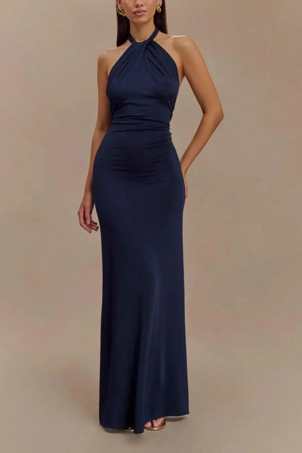 Celeste | Women Halter Neck Twisted Knot Open Back Bodycon Wedding Guest Maxi Dress