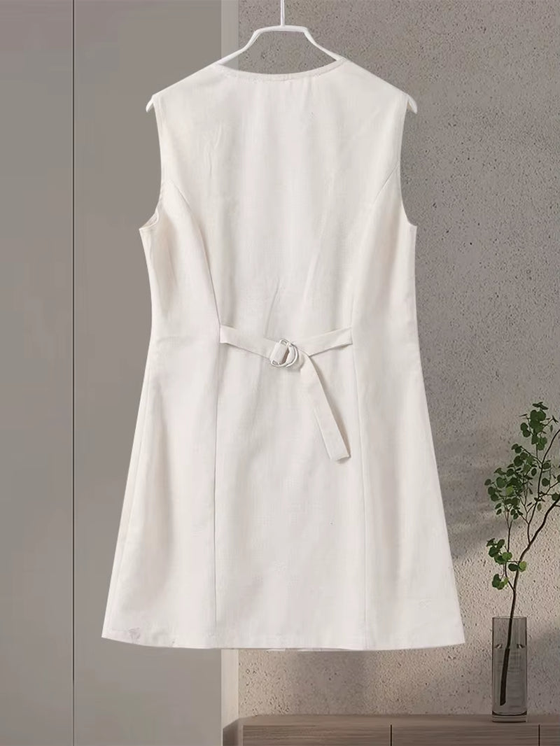 Casual Linen Dresses Women Slim Sleeveless Single Breasted Fashion Mini Robe Female Summer Solid round Neck High Waist Dresses