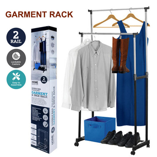 2 Tier Garment Rack Adjustable Height Lockable Castors 80-160Cm Home Master®