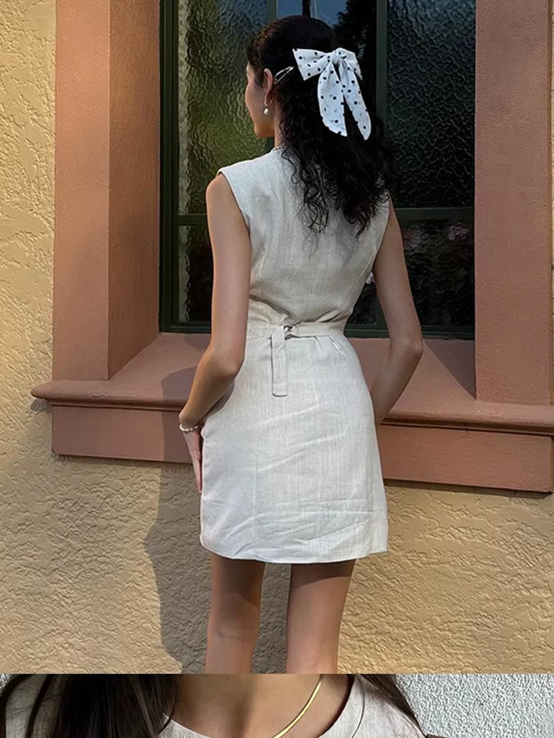 Casual Linen Dresses Women Slim Sleeveless Single Breasted Fashion Mini Robe Female Summer Solid round Neck High Waist Dresses