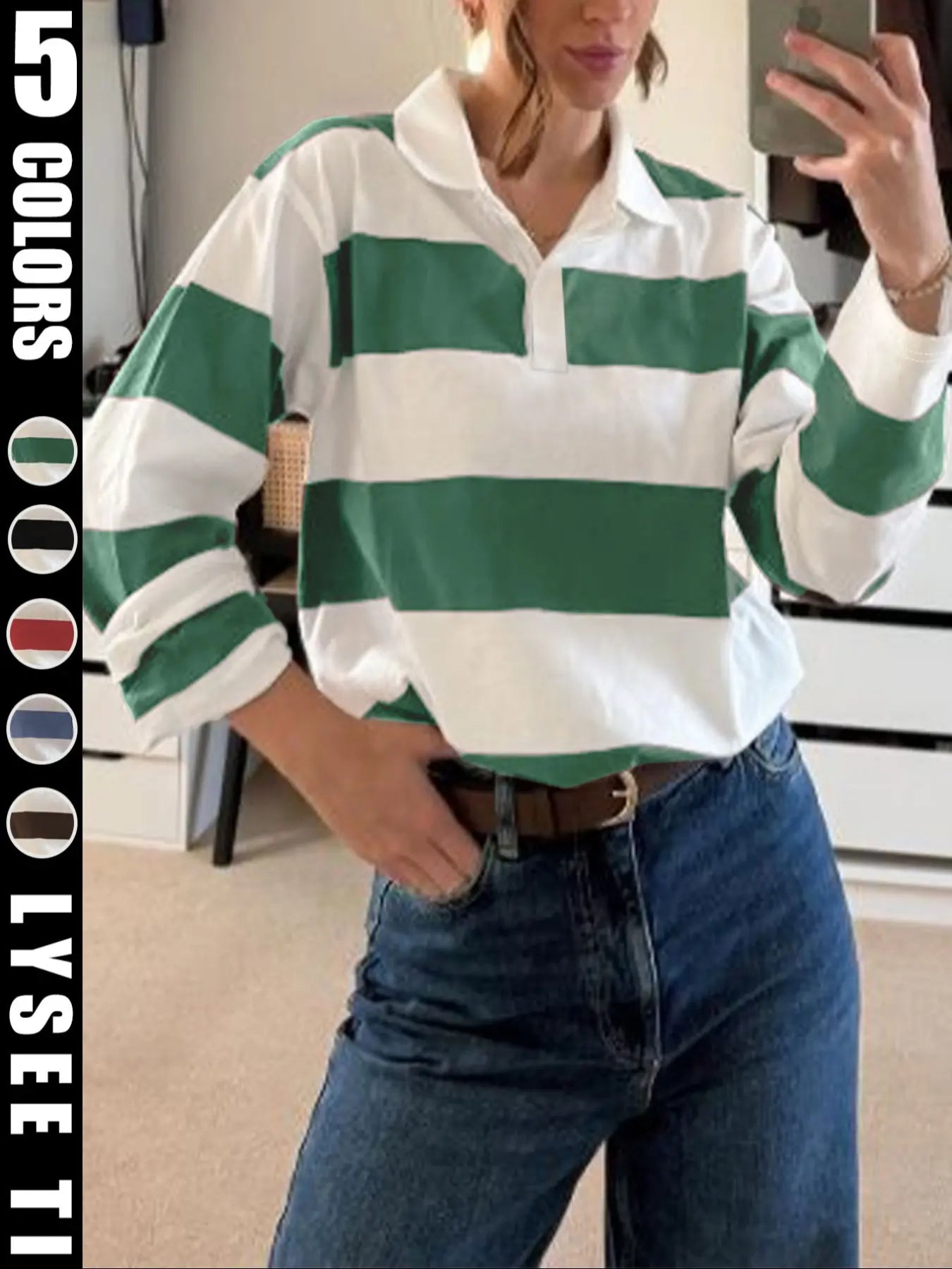 Fashion Sports New Autumn Casual Stripe Printed Long Sleeve Collar Women'S T-Shirt