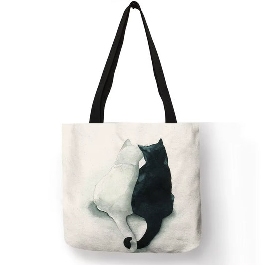 Watercolor Hand Painted Tote Bags Floral Cute Cat Print Shoulder Bag for Women Lady Office Handbag Daily Casual Shopping Bags