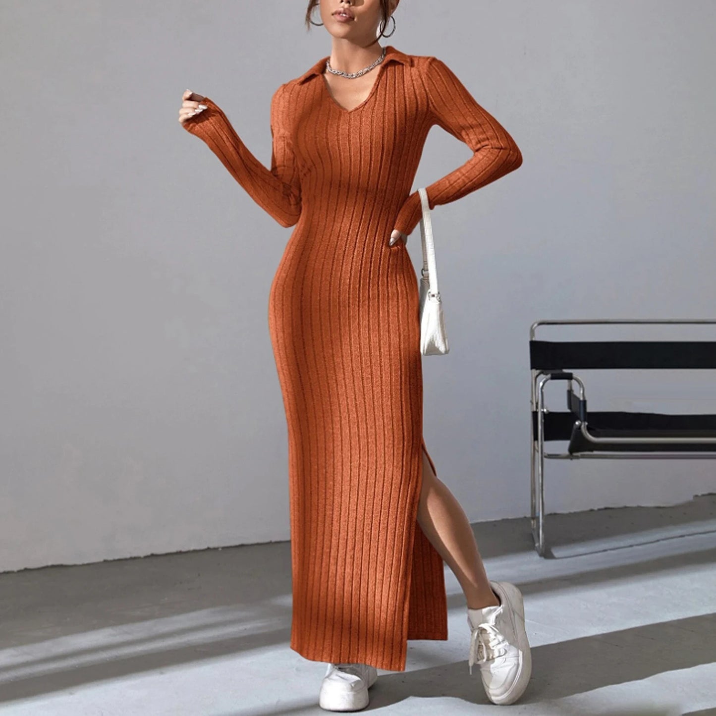 Spring Autumn Sexy Knitted Long Dress Women Long Sleeve V Neck Bodycon Maxi Dress Slit Hem Thread Slim Evening Party Dress