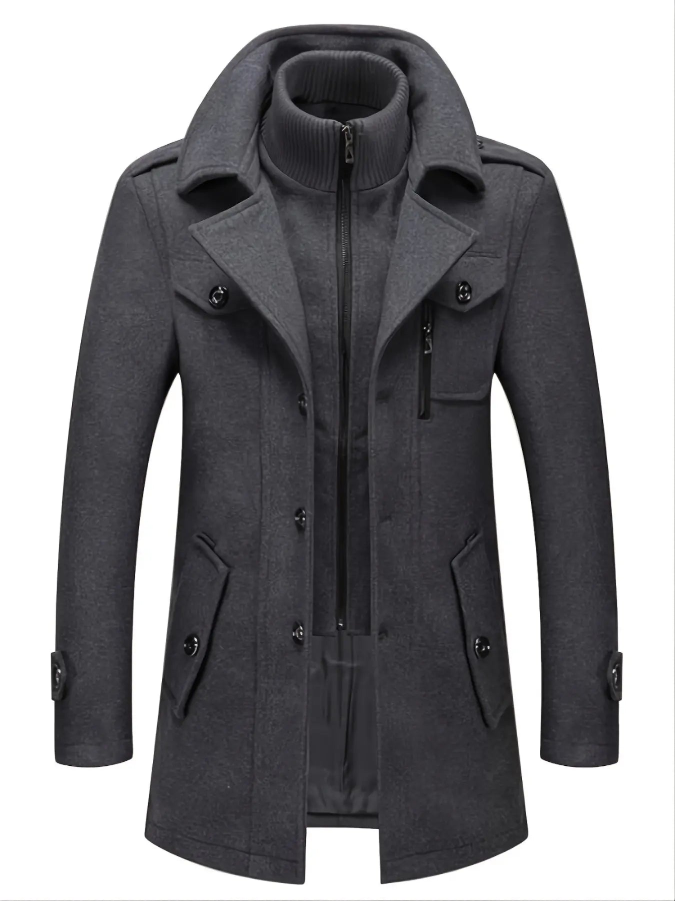 Men'S Double-Collar Blended-Fabric Long Coat with Zipper and Pockets, Warm and Durable Clothing, Suitable for Business or Casual Wear in Autumn & Winter
