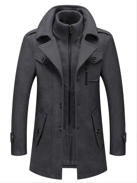 Men'S Double-Collar Blended-Fabric Long Coat with Zipper and Pockets, Warm and Durable Clothing, Suitable for Business or Casual Wear in Autumn & Winter