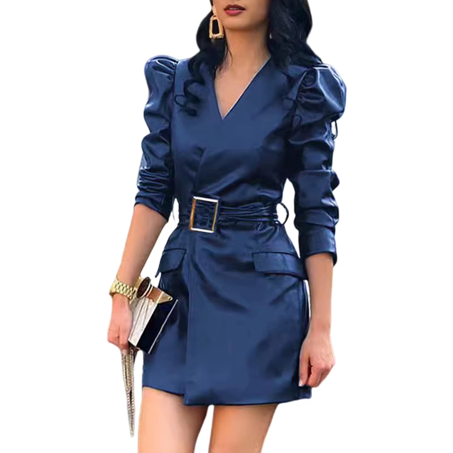 Fashion Dresses Women Lace Long Sleeve Zipper Pocket Large Hem Faux Leather Mini Dress Party Elegant Slim Sexy Women Dress