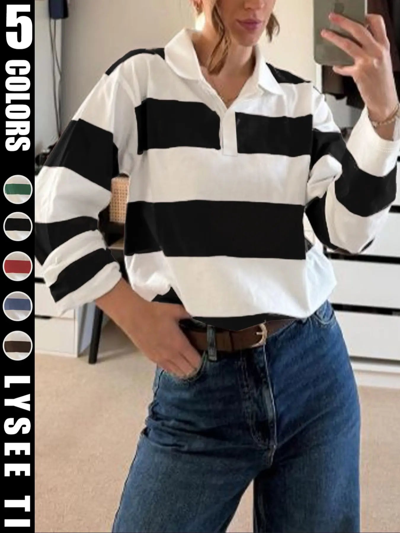 Fashion Sports New Autumn Casual Stripe Printed Long Sleeve Collar Women'S T-Shirt
