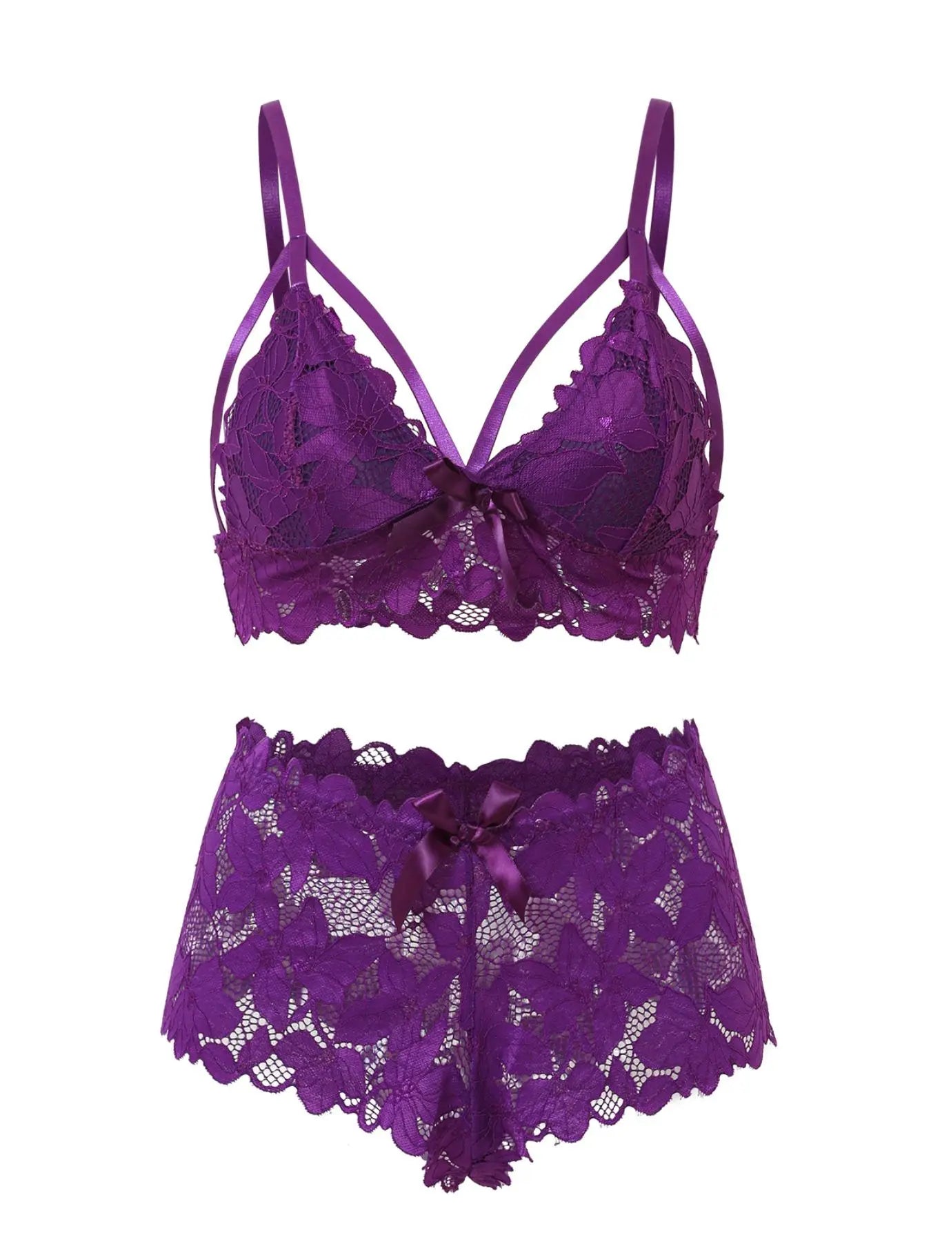【Plus Size】 Women'S Bow Decor Lace Bra & Scallop Trim Brief Boxer Set, Adjustable Strap Push up Lingerie & Sheer Panty, Soft Comfy Breathable Underwear Set for Women