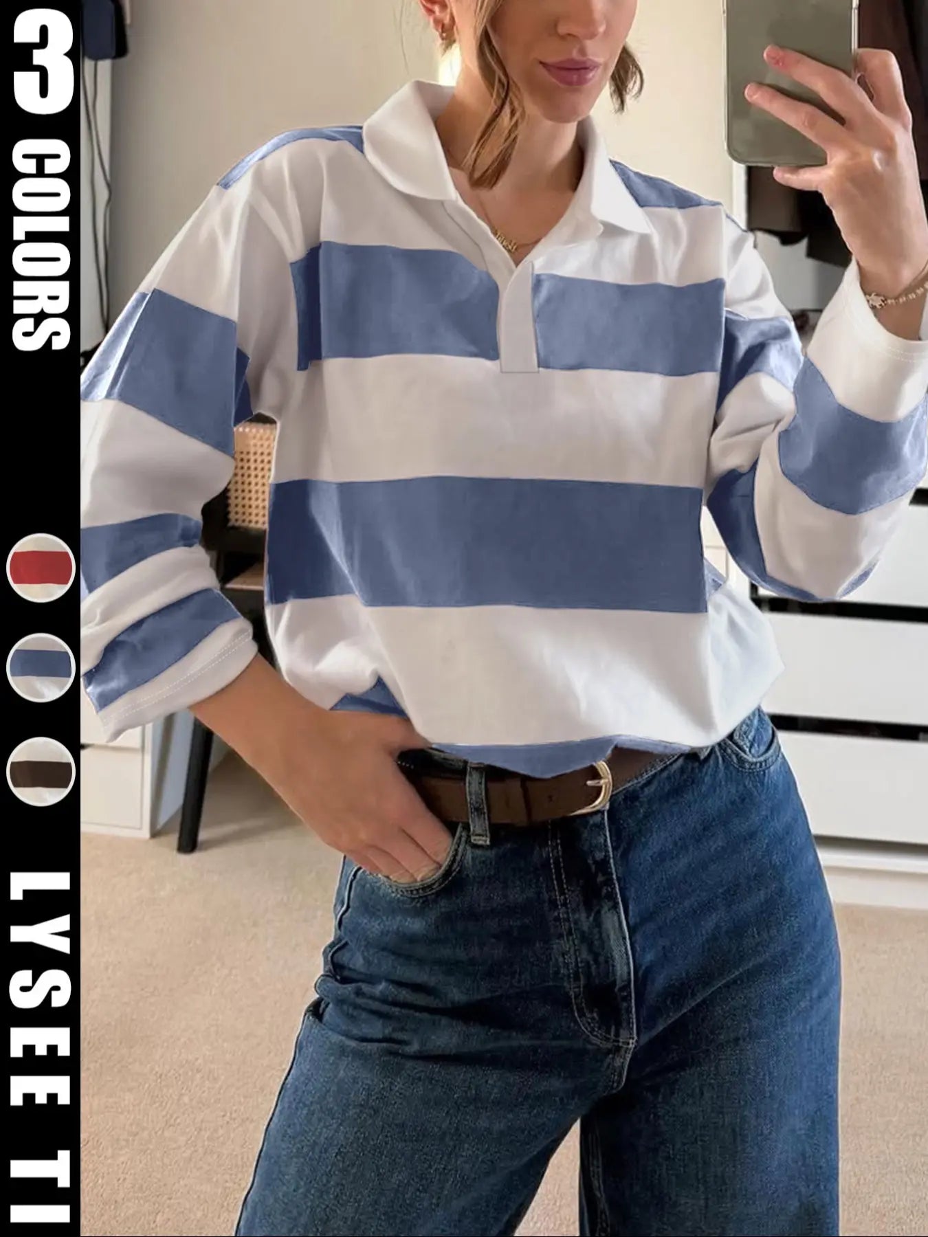 Fashion Sports New Autumn Casual Stripe Printed Long Sleeve Collar Women'S T-Shirt