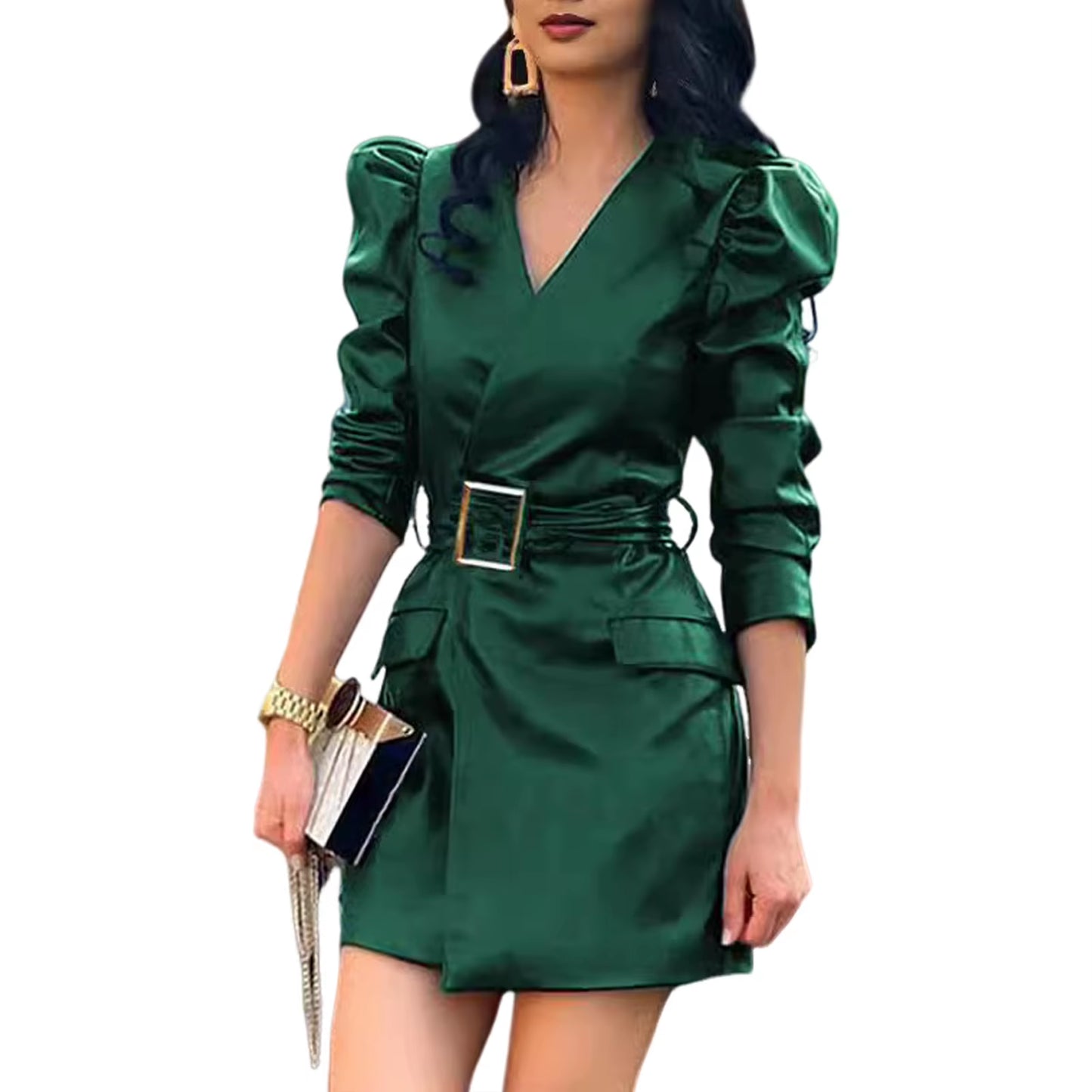 Fashion Dresses Women Lace Long Sleeve Zipper Pocket Large Hem Faux Leather Mini Dress Party Elegant Slim Sexy Women Dress