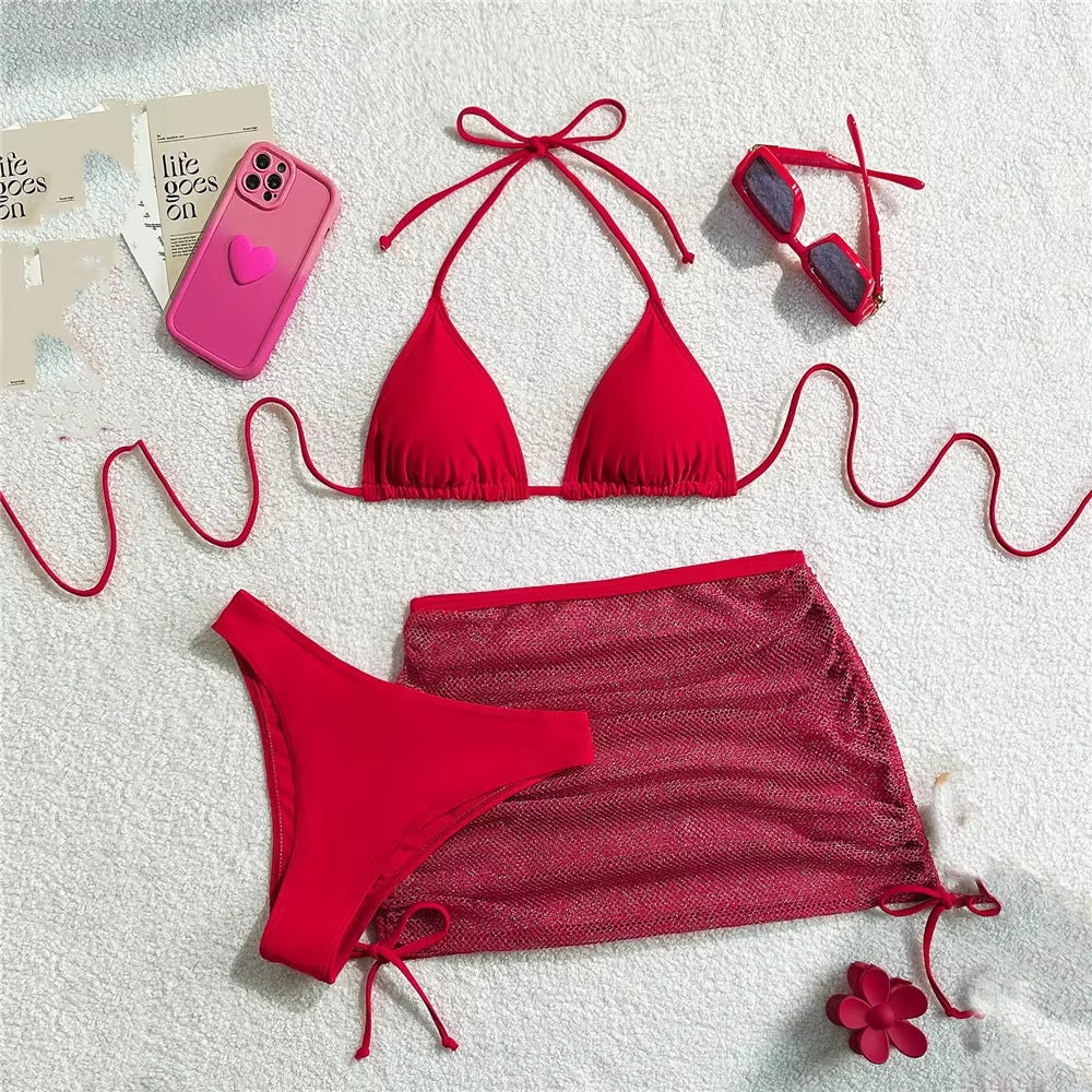 Solid Brown Swimwears String Halter Triangle 3 Piece Bikini Set Sexy Swimsuit Women 2025 Mesh Skirts Bathing Suit Bikinis Dames