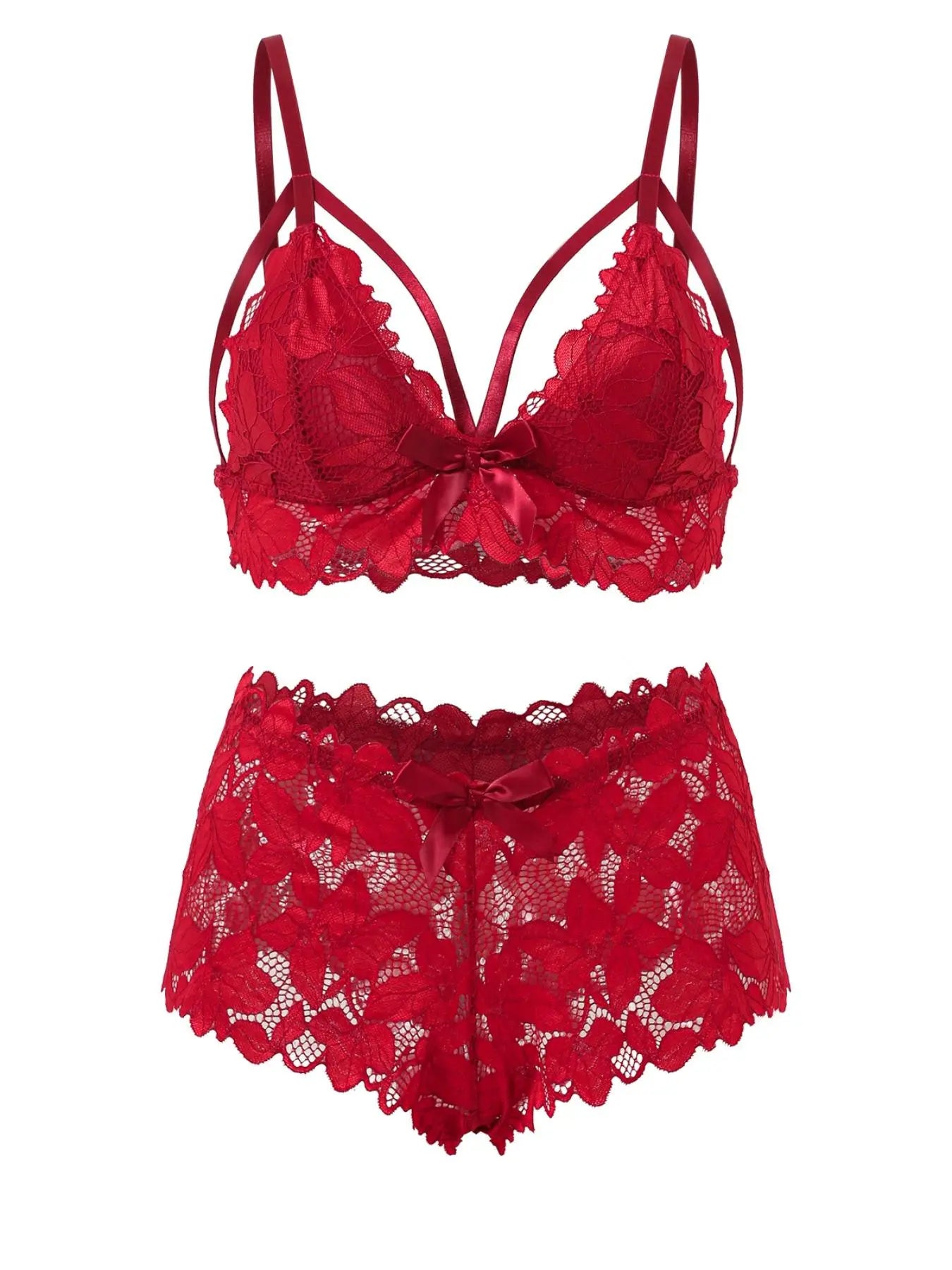【Plus Size】 Women'S Bow Decor Lace Bra & Scallop Trim Brief Boxer Set, Adjustable Strap Push up Lingerie & Sheer Panty, Soft Comfy Breathable Underwear Set for Women