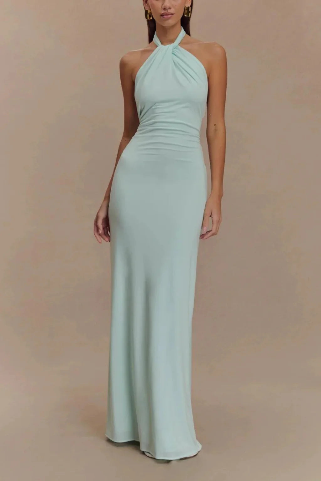 Celeste | Women Halter Neck Twisted Knot Open Back Bodycon Wedding Guest Maxi Dress