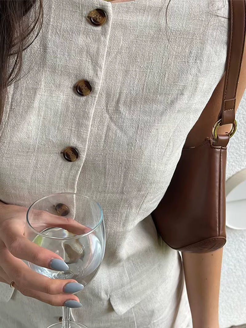 Casual Linen Dresses Women Slim Sleeveless Single Breasted Fashion Mini Robe Female Summer Solid round Neck High Waist Dresses