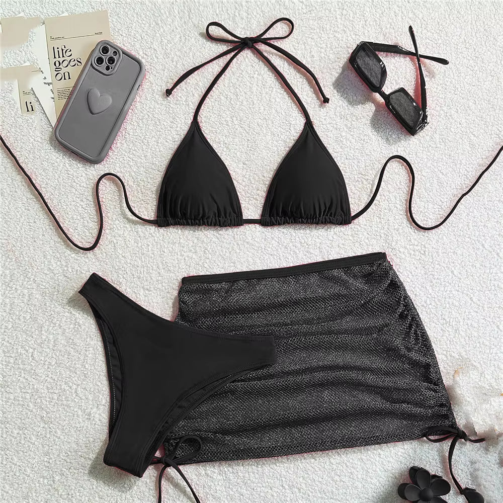 Solid Brown Swimwears String Halter Triangle 3 Piece Bikini Set Sexy Swimsuit Women 2025 Mesh Skirts Bathing Suit Bikinis Dames