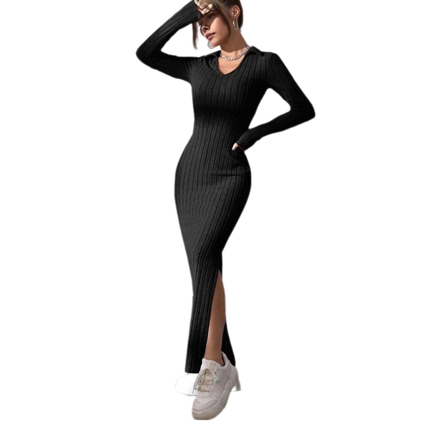Spring Autumn Sexy Knitted Long Dress Women Long Sleeve V Neck Bodycon Maxi Dress Slit Hem Thread Slim Evening Party Dress