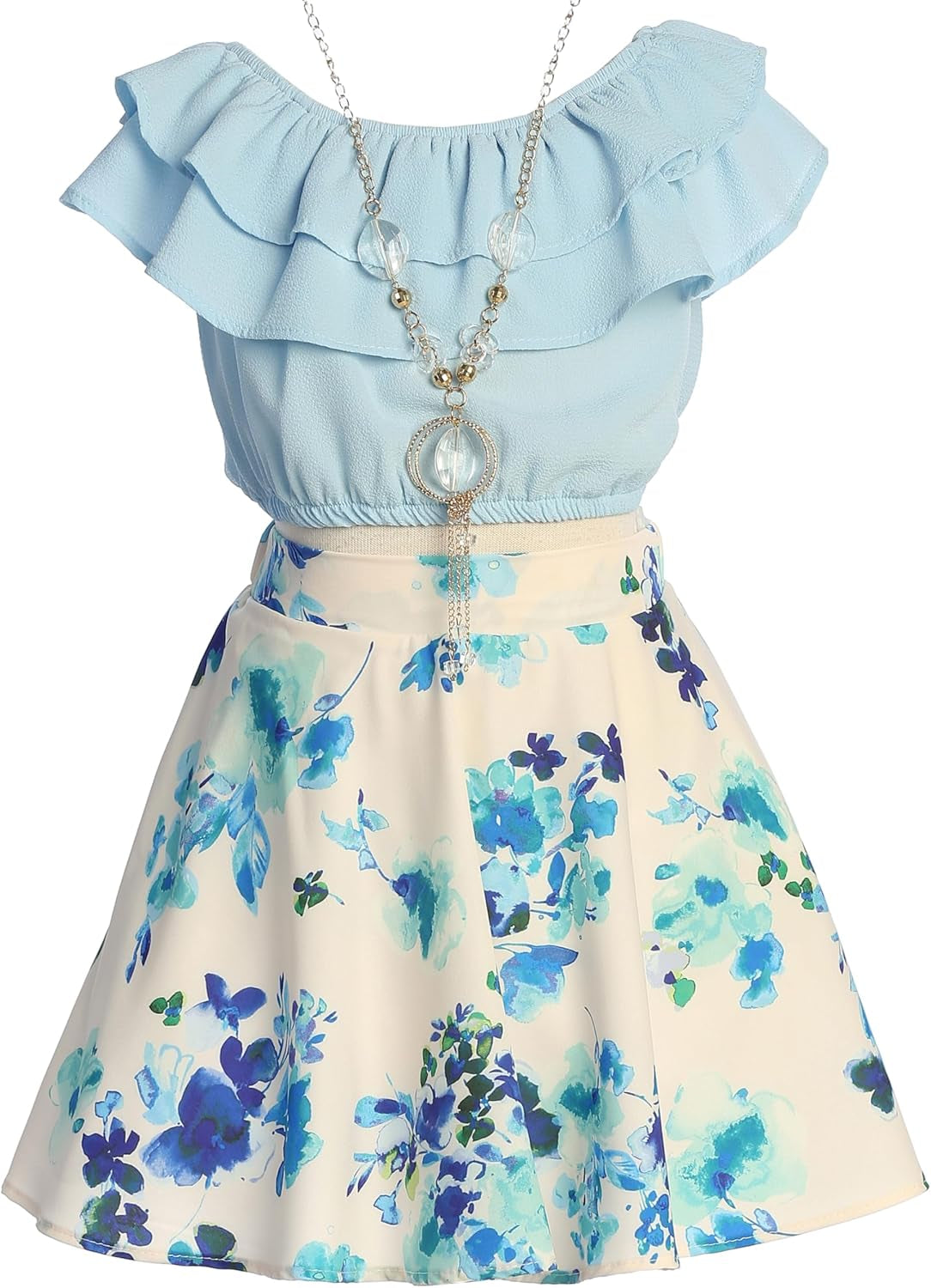Cold Shoulder Crop Top Ruffle Layered Top Flower Girl Skirt Sets for Girl