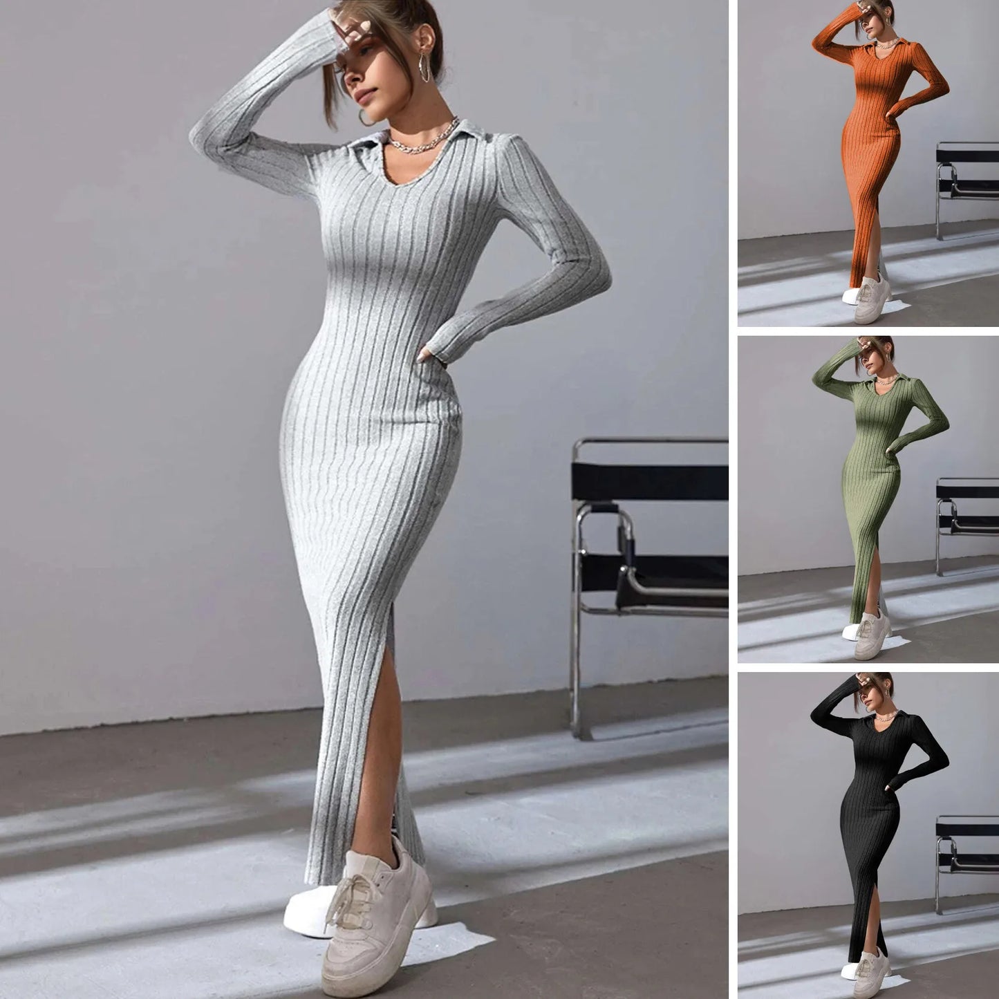 Spring Autumn Sexy Knitted Long Dress Women Long Sleeve V Neck Bodycon Maxi Dress Slit Hem Thread Slim Evening Party Dress