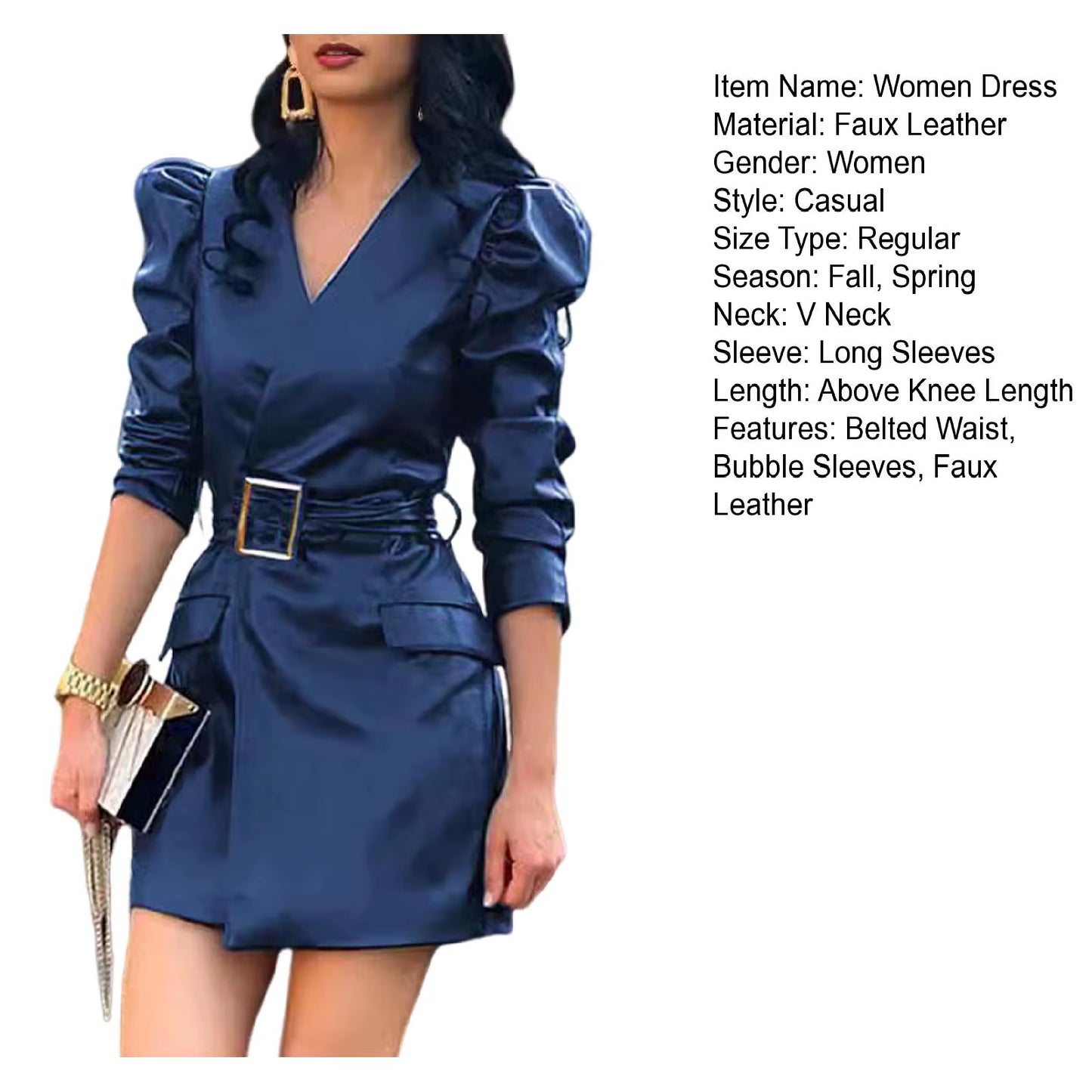 Fashion Dresses Women Lace Long Sleeve Zipper Pocket Large Hem Faux Leather Mini Dress Party Elegant Slim Sexy Women Dress
